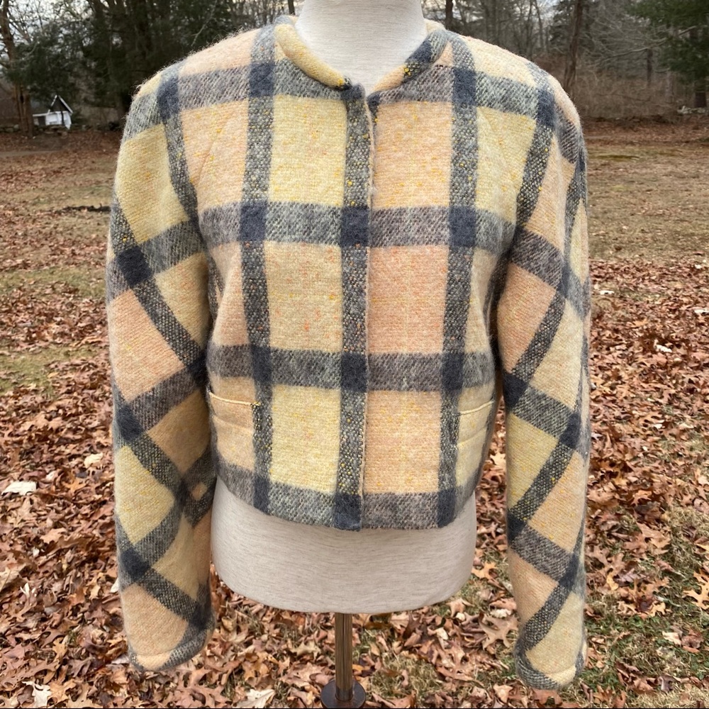 CARLISLE JACKET COAT BLAZER YELLOW GRAY PLAID LONG SLEEVE ZIP FRONT SHORT SIZE 8